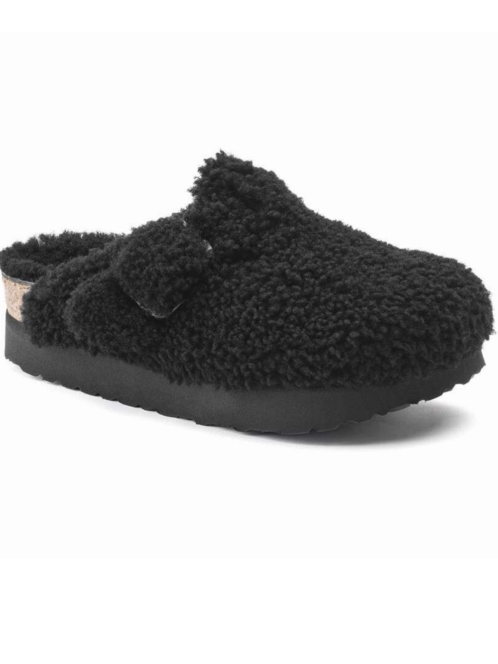 Birkenstock Papillio Boston Big Buckle Flex Shearling Teddy Black Platform Clogs